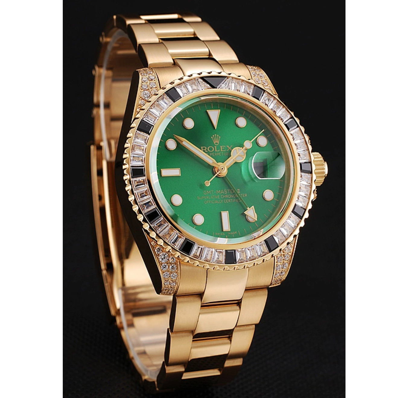 Best AAA Replica Sites Stone Dial And Master Case Swiss Bracelet Gold Green Rolex GMT II 1453748 Bezel Set 0610